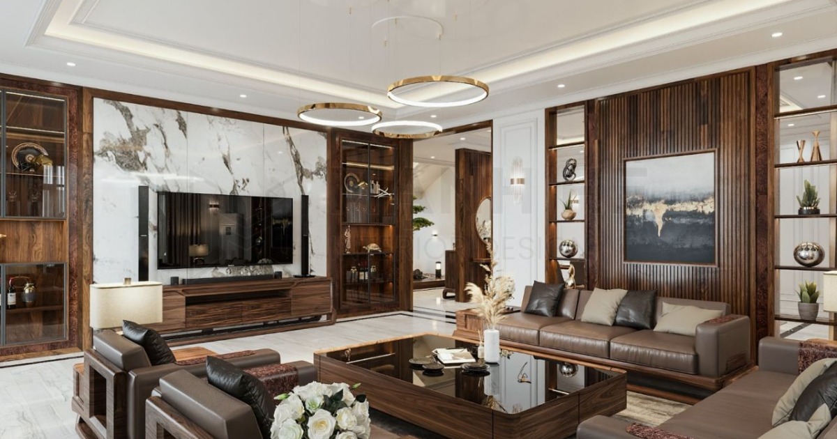 Nội thất gỗ óc chó tự nhiên, quầy lễ tân ốp đá marble trắng