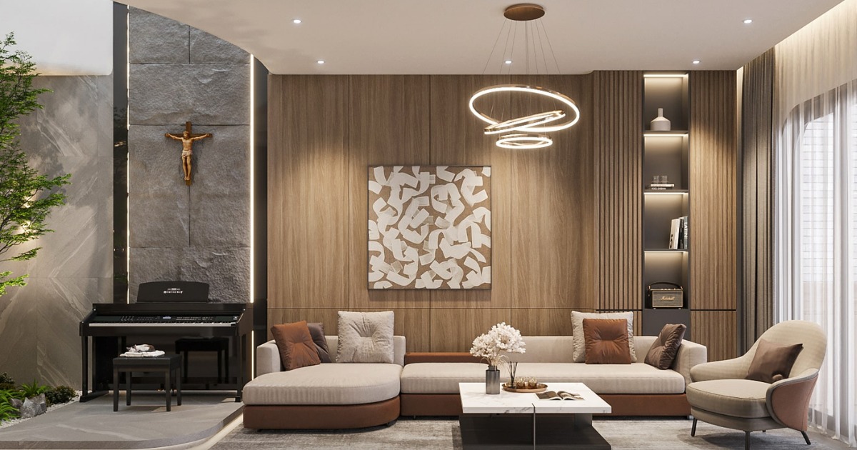 Tường ốp gỗ ấm áp tone nâu nhạt, ghế chờ mây tre đan xen kẽ ghế da