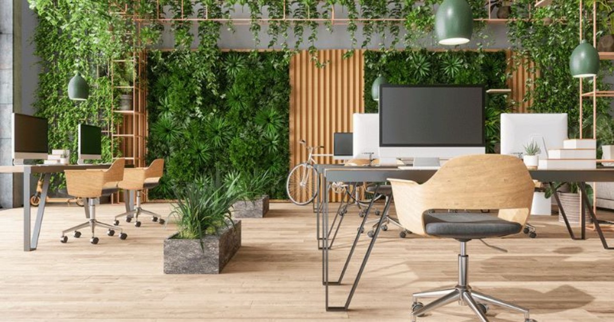 Vật liệu gỗ thô mộc, đá tự nhiên, nhiều cây xanh nhỏ đặt góc phòng