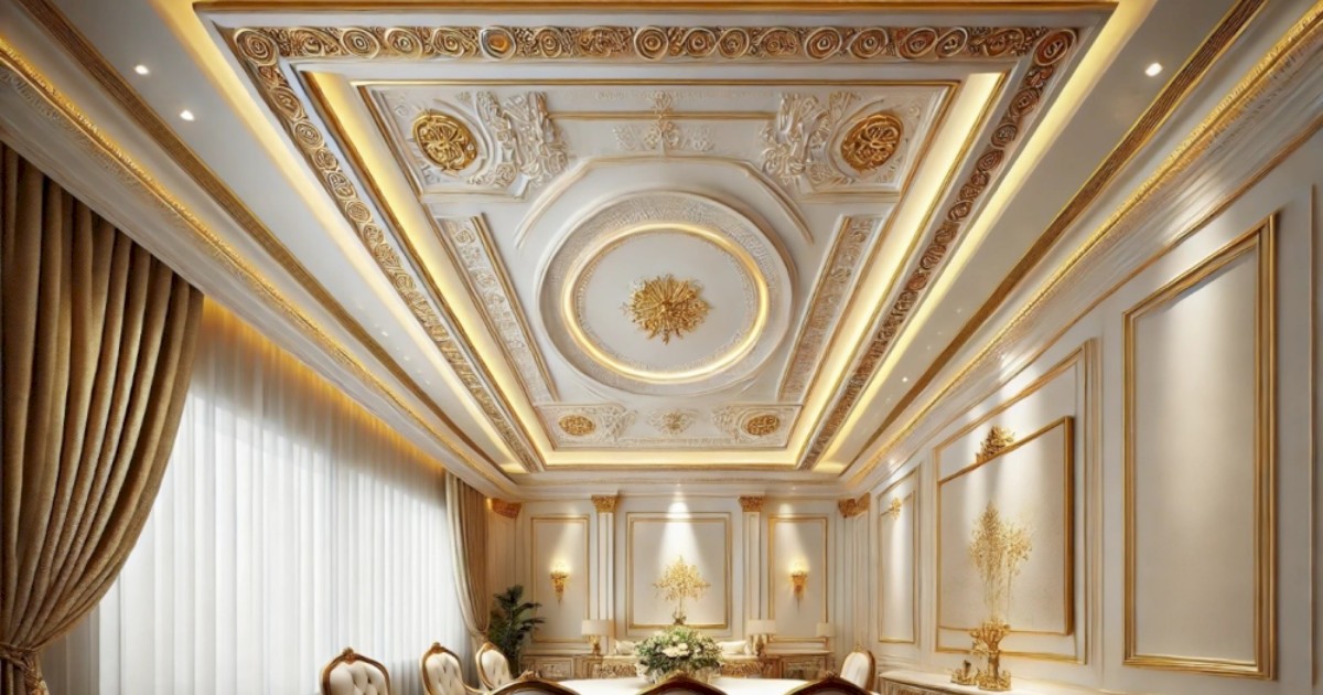 Mẫu 12: Trần giật cấp kín điểm nhấn trung tâm mạ vàng 24K