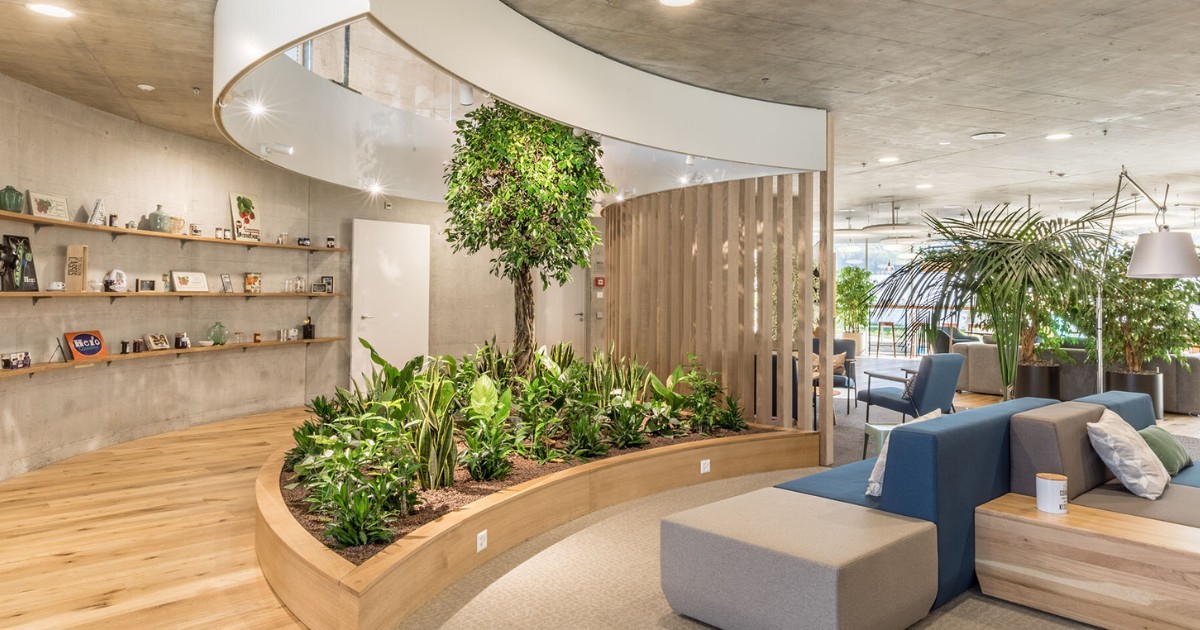 Mẫu 14: Trần giật cấp nhẹ họa tiết cây xanh biophilic in trực tiếp