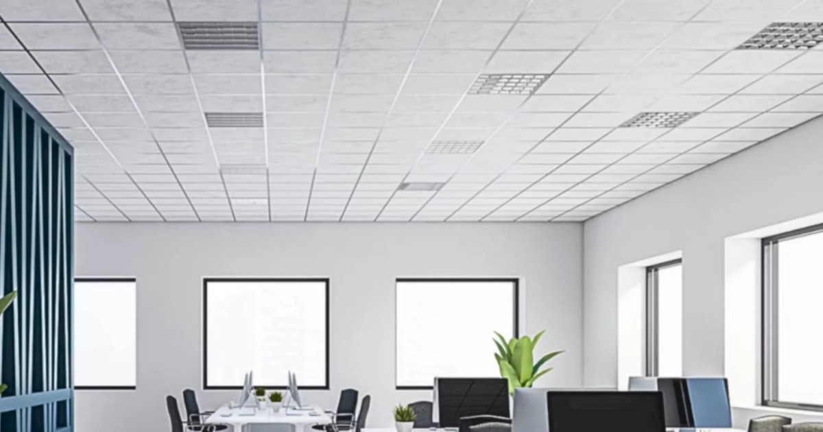 Mẫu 15: Trần thả lộ khung trắng tối giản tấm Greenguard không độc hại