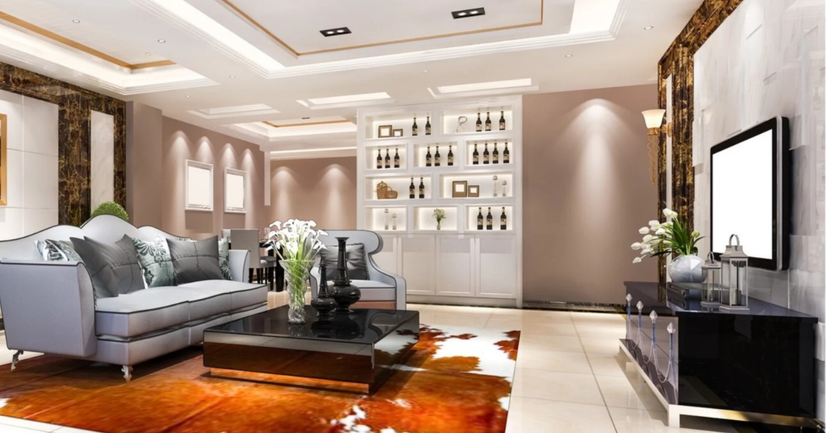 Mẫu 17: Trần giật cấp 1 bậc chữ U đèn spotlight quầy bar mini