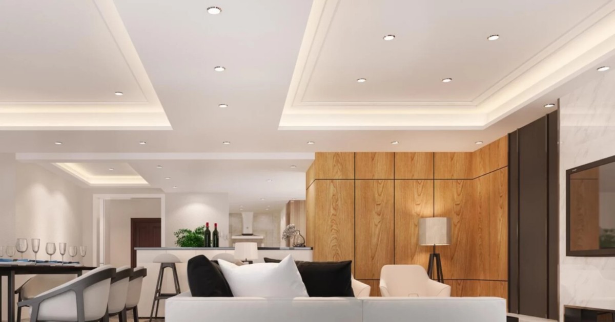 Mẫu 2: Trần giật cấp 1 bậc hình chữ nhật phào PU mạ vàng đèn hắt sáng