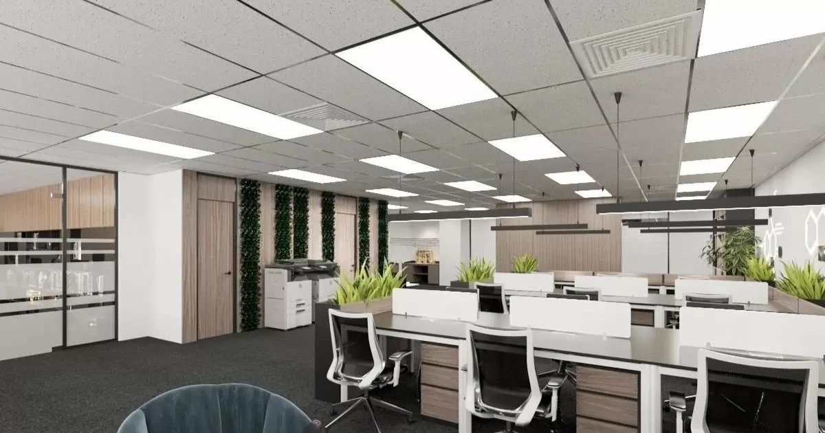 Mẫu 3: Trần thả lộ khung đen industrial tấm thạch cao in logo nổi