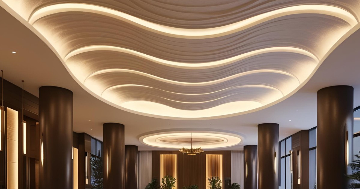 Mẫu 4: Trần uốn lượn wave đèn LED RGB đổi màu theo sự kiện