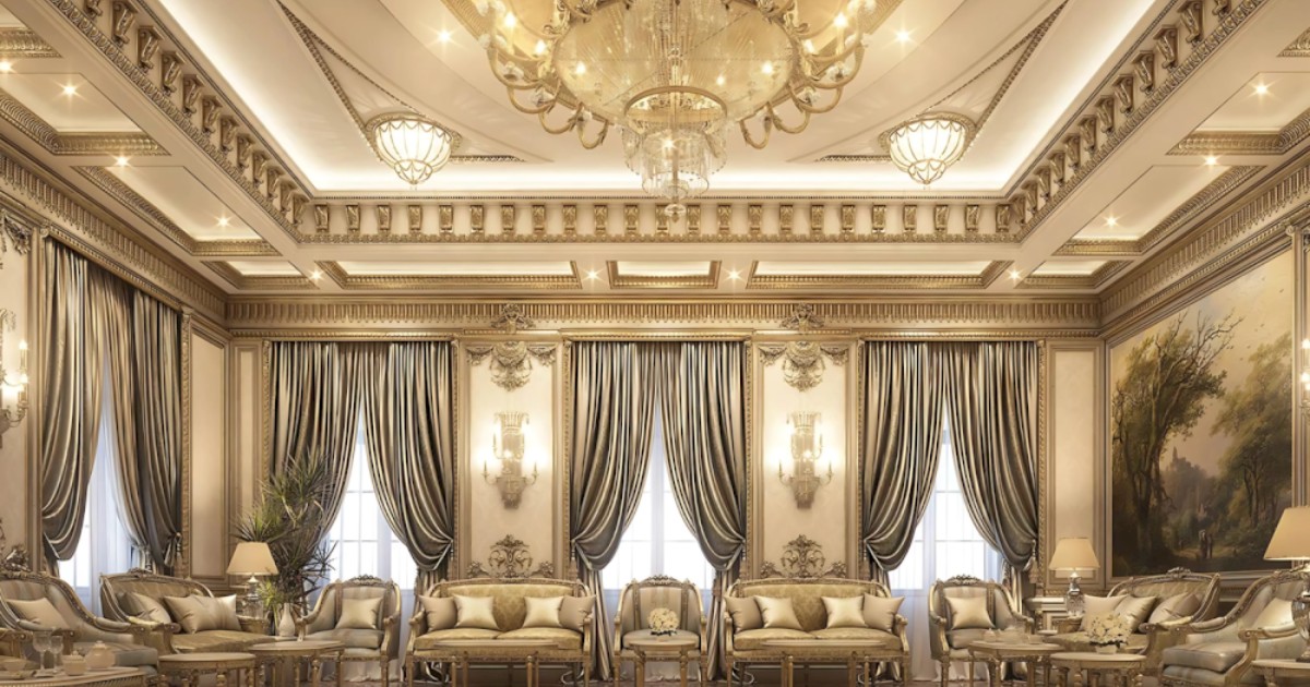 Mẫu 9: Trần giật cấp 3 bậc hoa văn phào chỉ mạ bạc đèn chùm pha lê