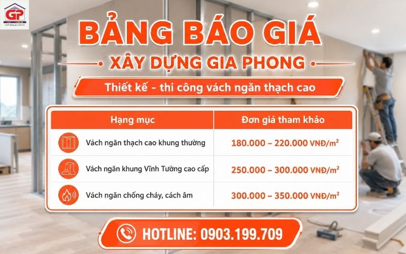 Bảng giá thi công vách ngăn thạch cao theo từng loại vật liệu và hạng mục
