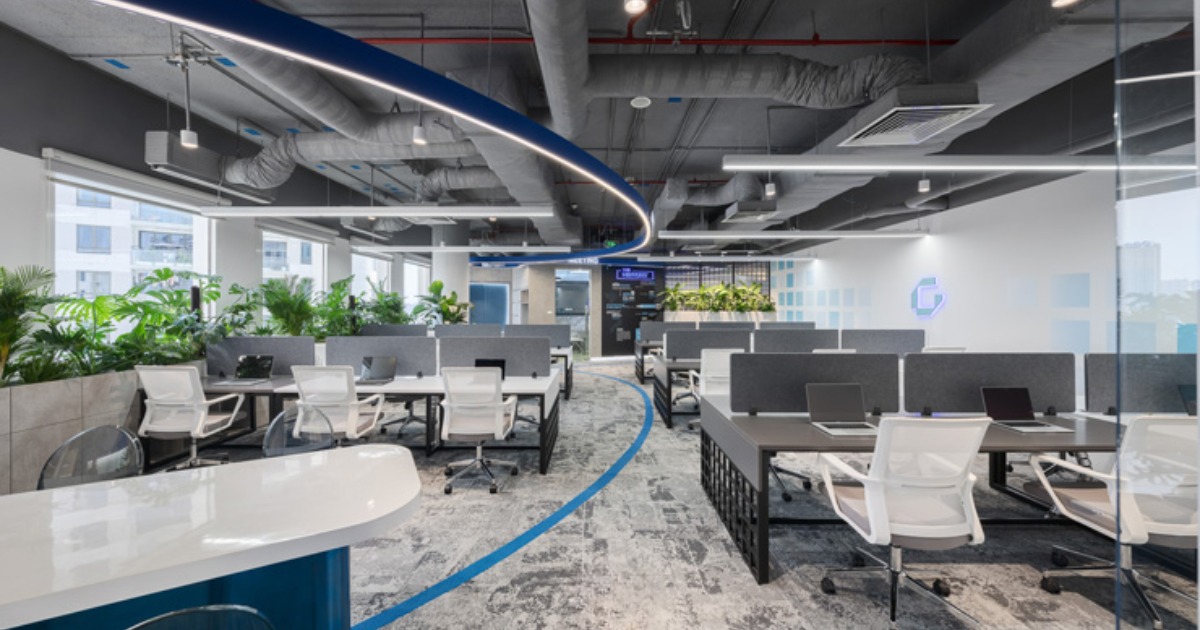 Ý tưởng 9: Chủ đạo xanh dương – trắng, logo LED lớn