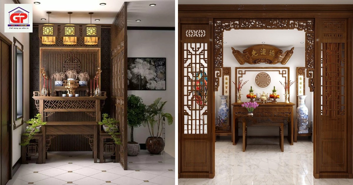 Vách gỗ ngăn cách giữa phòng khách và phòng thờ