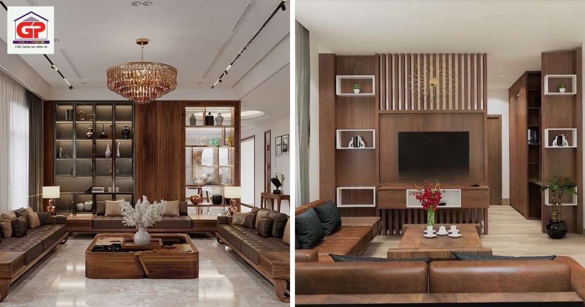 Vách gỗ ngăn cách giữa phòng khách và phòng bếp