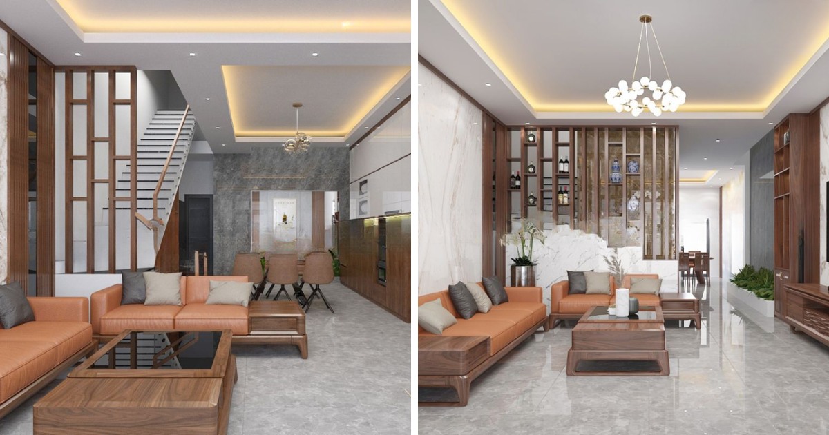 Vách tivi gỗ tự nhiên ngăn phòng khách và cầu thang