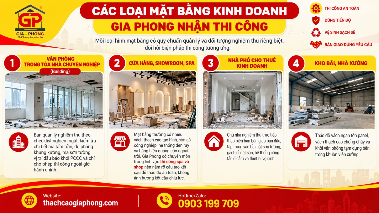 Các loại hình hoàn trả mặt bằng kinh doanh - Văn phòng tòa nhà, cửa hàng showroom, nhà phố và kho xưởng