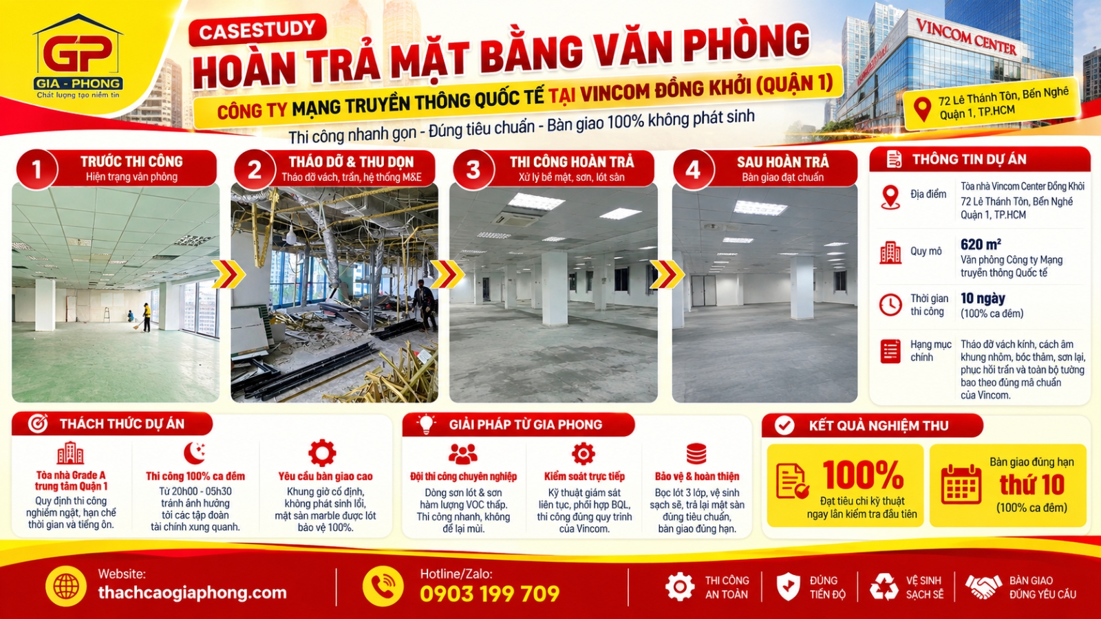 Thi công ca đêm hoàn trả hiện trạng văn phòng 620m2 tại Vincom Center Đồng Khởi Quận 1