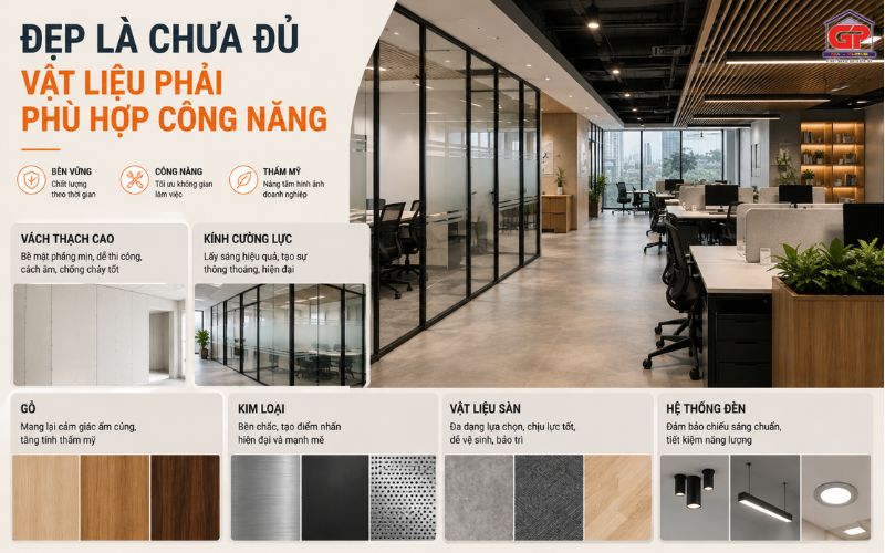 Vật liệu thi công nội thất văn phòng hiện đại và tối ưu công năng