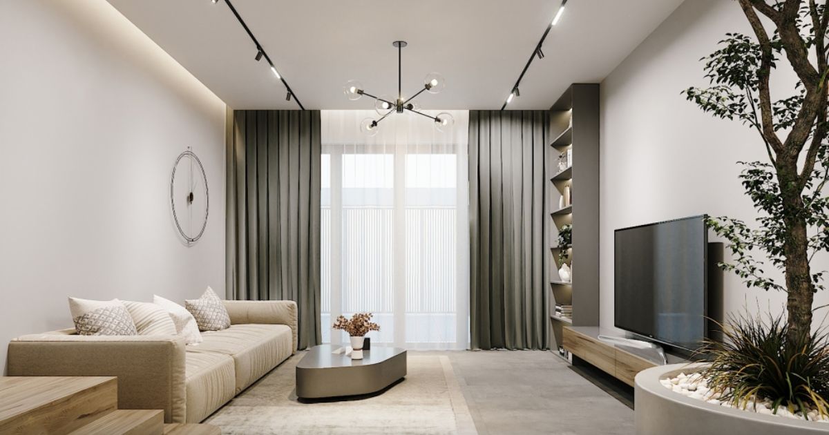 Decor phòng khách chất với trần thạch cao phẳng và đèn LED viền âm
