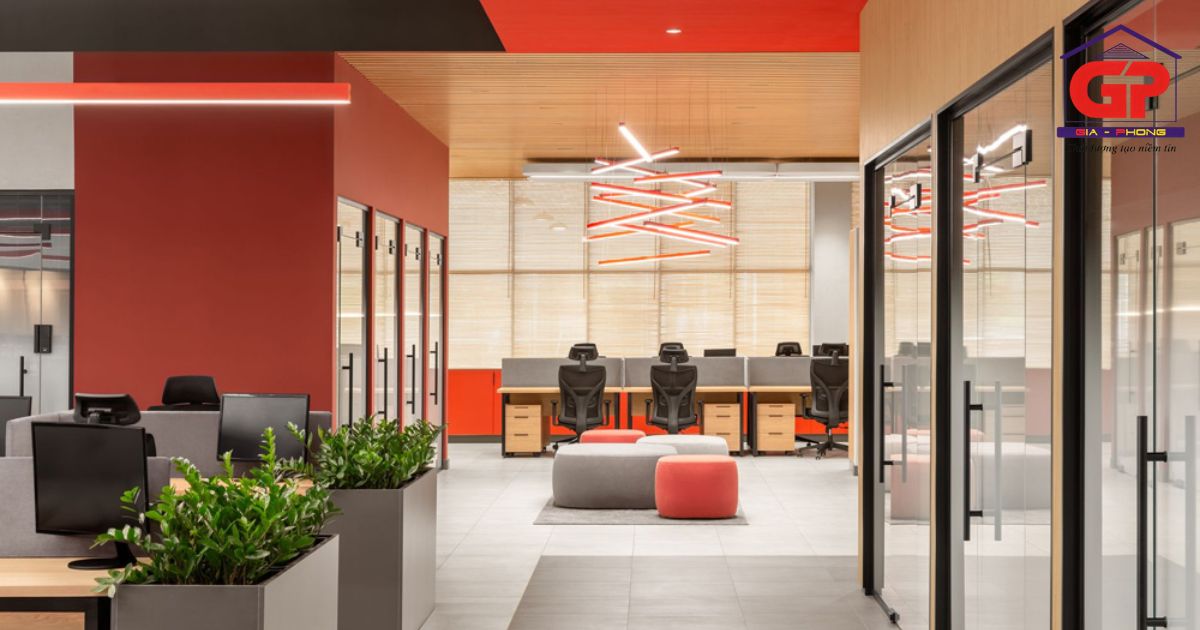 Decor văn phòng công ty hướng tới sự mạnh mẽ với tone màu đỏ - trắng