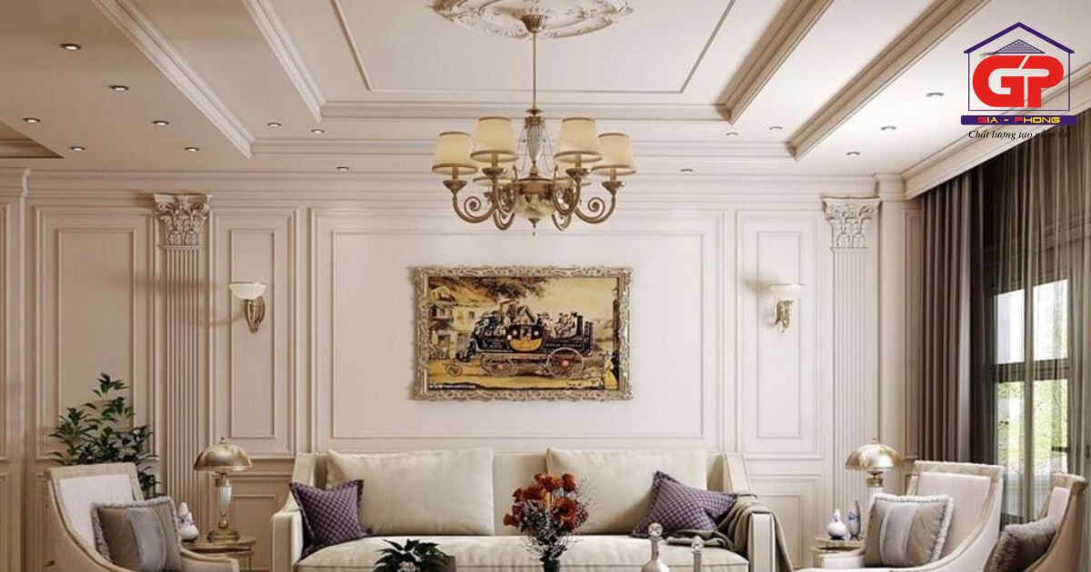 Mẫu trần thạch cao tân cổ điển dành cho phòng khách đẹp, thu hút