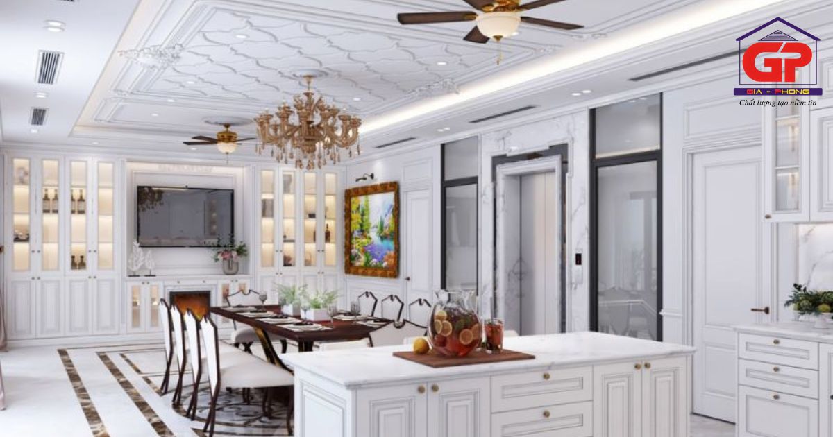 Mẫu trần thạch cao tân cổ điển trang trí phòng bếp