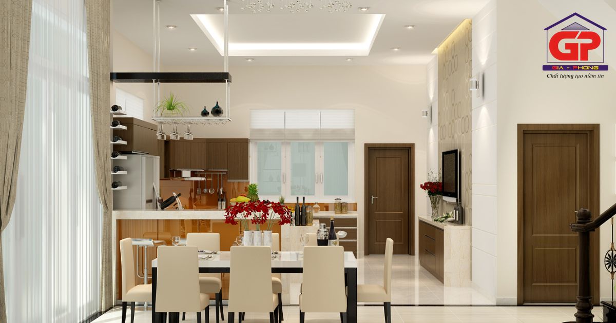 Phòng ăn kết nối cảm xúc với sự kết hợp giữa đèn và trần