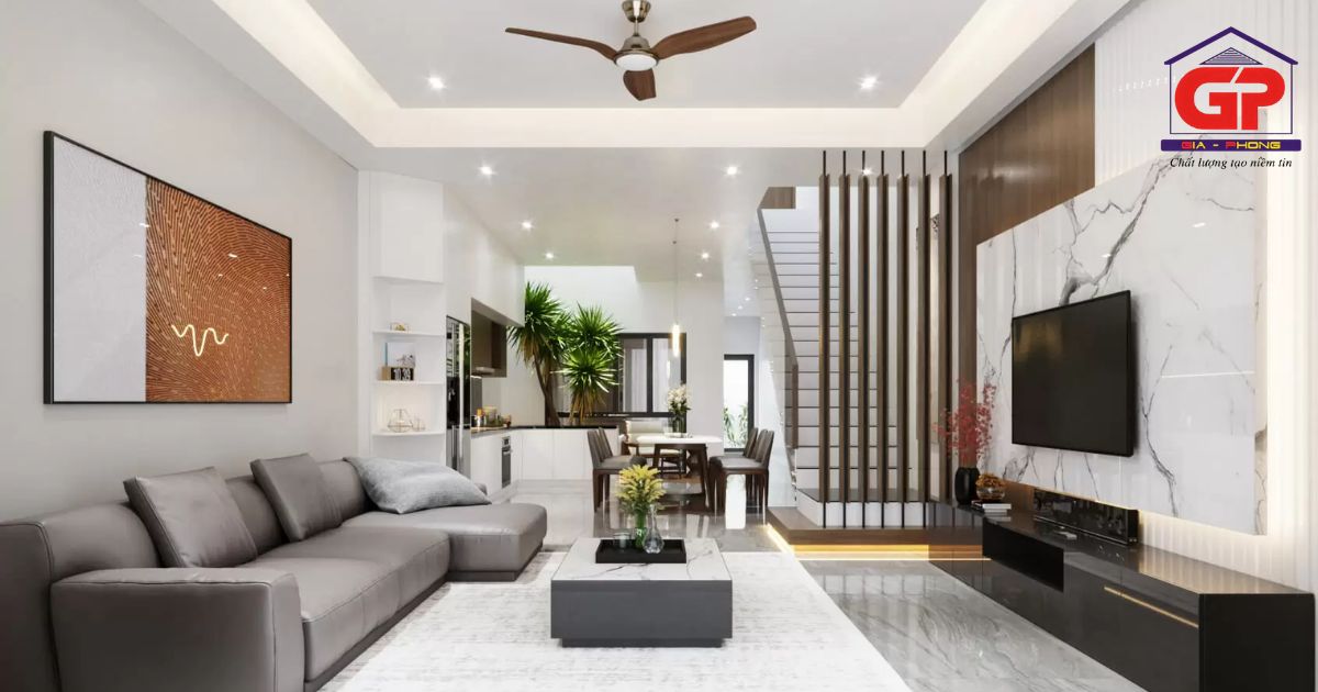 Phòng khách sang trọng với trần thạch cao giật cấp vuông