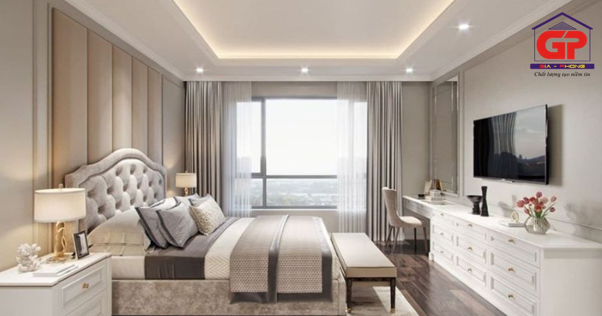 Phòng ngủ đẹp với mẫu trần thạch cao giật cấp kín