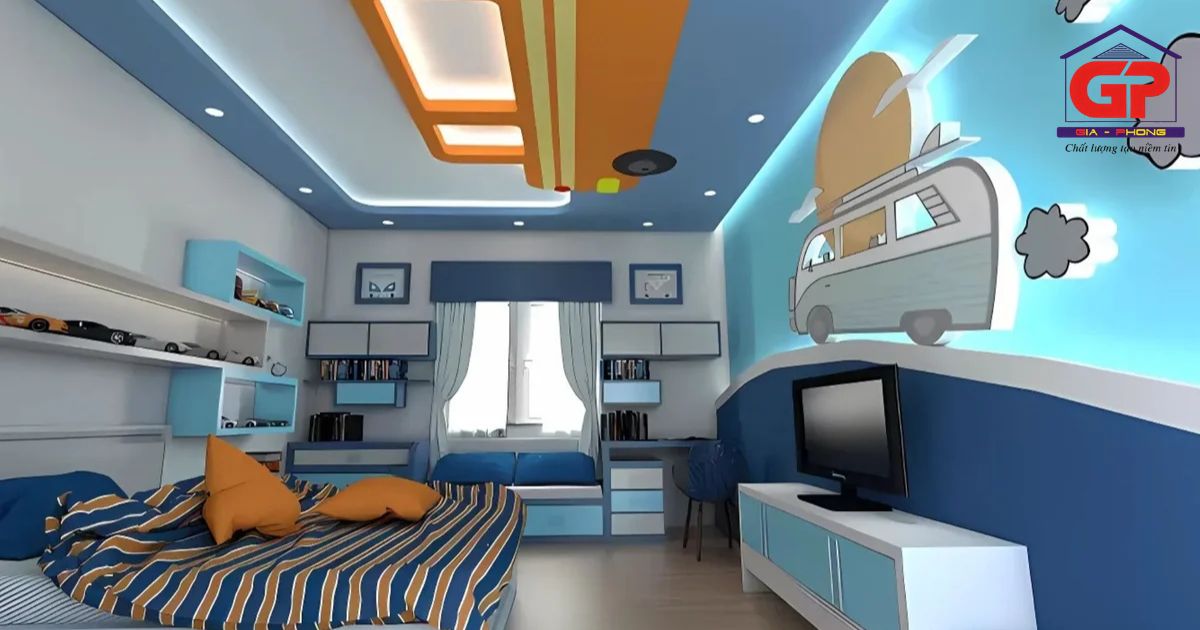 Phòng trẻ em trang trí với đèn và trần sẽ khiến em bé thích thú