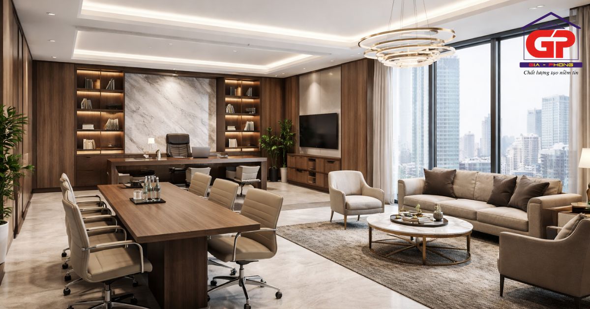 Tiện lợi và tiết kiệm diện tích với mẫu văn phòng giám đốc thiết kế kết hợp phòng họp hoặc tiếp khách