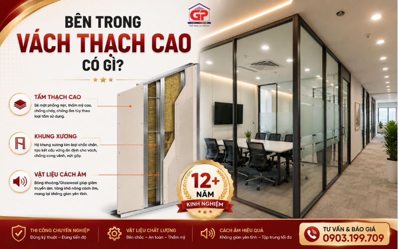 Cấu tạo vách ngăn thạch cao văn phòng gồm khung xương và tấm thạch cao